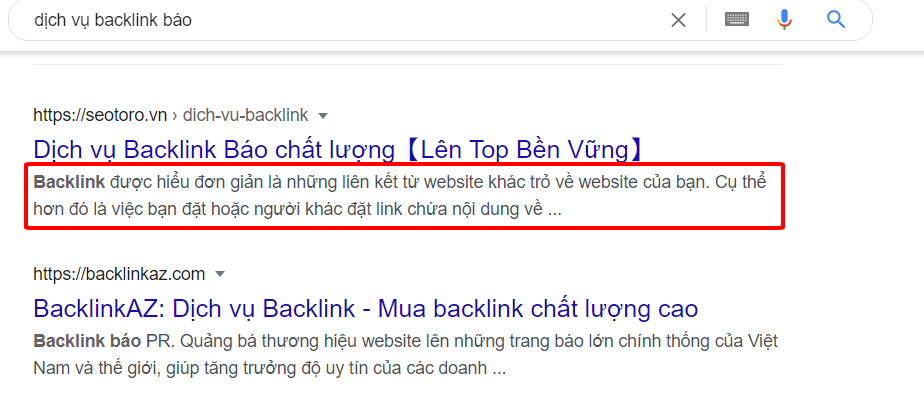 Ví dụ thẻ Meta Description về dịch vụ baclink của seotoro.vn